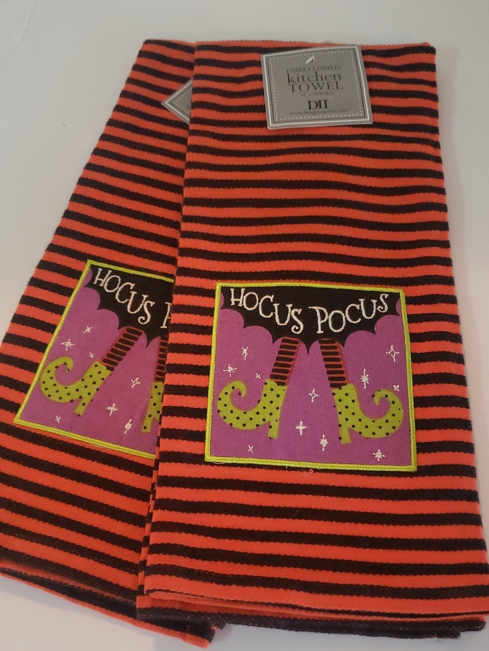 Design Imports Hocus Pocus Orange & Black Striped Kitchen Towels - Set of 2